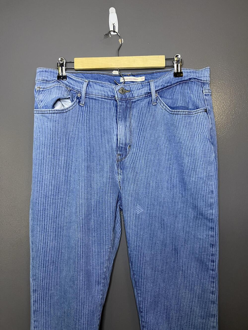 Levi's 724 High Rise Straight Jeans Womens 33 Blue Stripe Light Wash Stretch